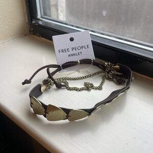 NWT Free People Brown Leather Gold Tone Metal Charms Chain Adjustable Anklet